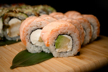 Sushi set with whipped cream and more, close up perspective.の写真素材