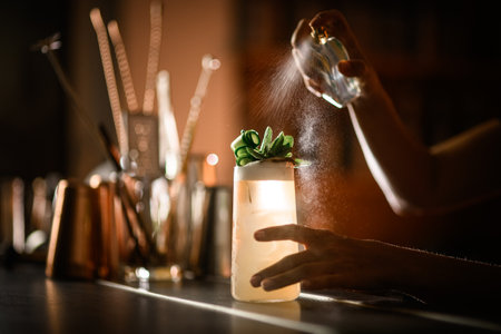 Focus on a tall glass with iced cocktail covered with condensationの写真素材