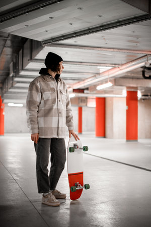 Young woman looking away holding a skateboard standing on the floorの写真素材