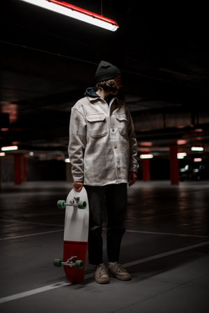 Young woman in sportswear is standing in the dark, looking to the side, holding her skateboard