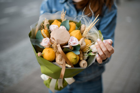 Exotic bouquet of flowers with lemons and ginger in beautiful gift paperの写真素材
