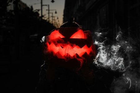 In the darkness, where only the street lights are visible in the background, a red light can be seen shining from the Halloween pumpkinの写真素材
