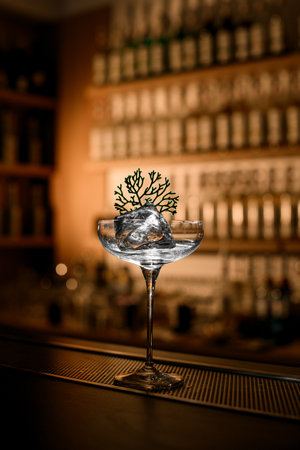 On the bar counter there is a wine glass on a tall stem, filled with water with an ice cubeの写真素材