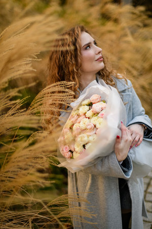 Wonderful girl in gray coat standing on the backdrop of autumn nature with voluminous bouquetの写真素材