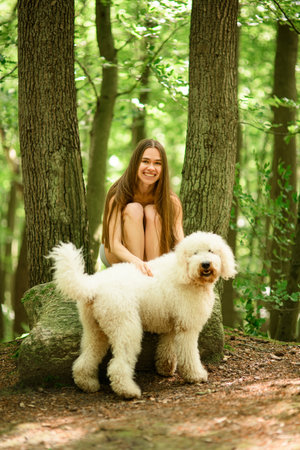 Cute happy woman sitting on a stone with her knees to her chest and smiling at the camera, stroking the back of a dog standing nearbyの写真素材