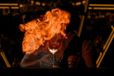 The bartender prepared a cocktail and puts on a show with a spectacular flame lightingの写真素材