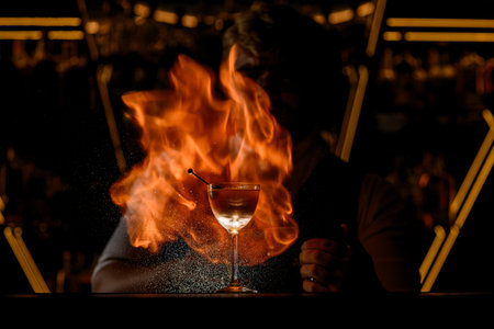 Fiery show while preparing a cocktail in a bar with low lighting for greater effectの写真素材