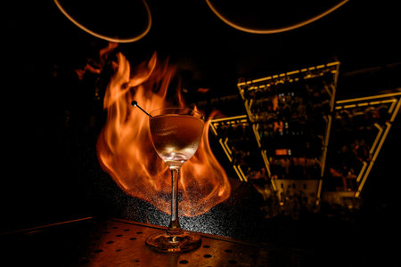 Close-up shot of a stemmed glass filled with a cocktail with a skewerの写真素材