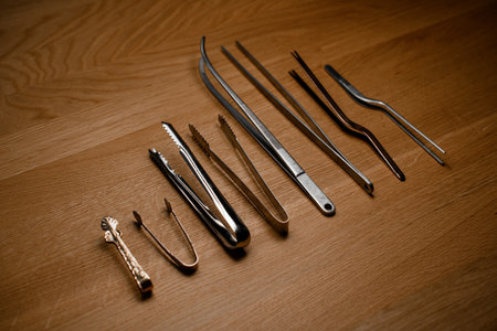 Side view of eight steel tweezers of different sizes and shapes, for holding ice and other cocktail ingredientsの写真素材