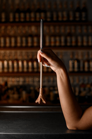 Female hands of bartender holding muddler for making tropical cocktails, leaning elbow on bar against blurred backgroundの写真素材