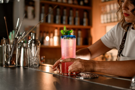 Female bartender fixes a tall glass with a pink cocktail, which is decorated with mint leaves on topの写真素材