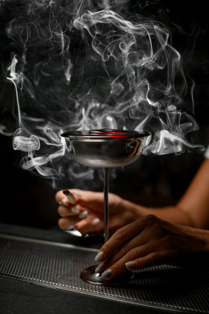Metal glass with a tall stem, with a cocktailの写真素材