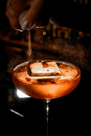 Close-up shot of a cocktail glass with an ice cube and sea buckthorn berries floating in itの写真素材