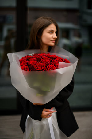 Girl by mirror building holds huge bouquet of red rosesの写真素材
