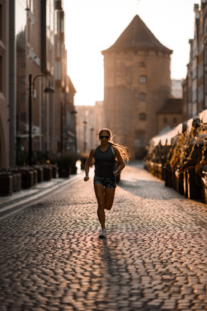 Front view of a young woman running on a stone path with buildings, a parked car in the background