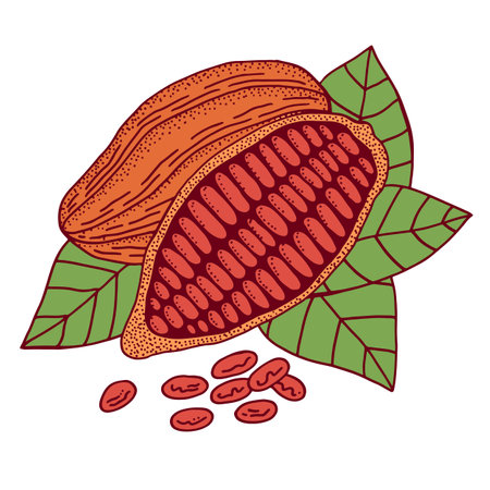 Cocoa beans on white background. Doodle colorful sketch - vector illustration. Chocolate cacao bean. Vegetarian food. Isolated design elementのイラスト素材