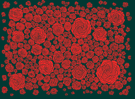 Floral doodle background pattern with roses. Red and green line art. Zendoodle garden ornament. Flowers on the dark green backdrop. Line artworkのイラスト素材