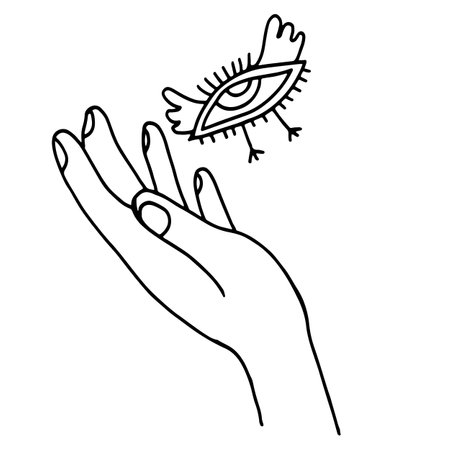 Eye with wings and hand. Alchemy doodle art. Witchcraft black and white line art. Occult symbols sketch drawing. Vector artworkのイラスト素材
