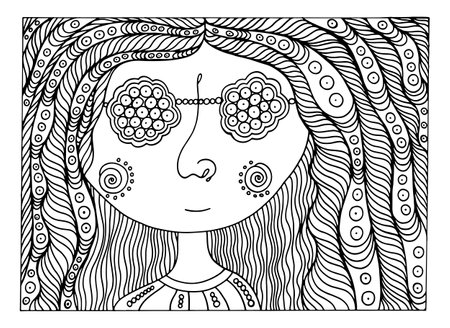 Hiipie girl in the sunglasses - coloring page for adults. Hippie retro art. Trippy outline illustrationのイラスト素材