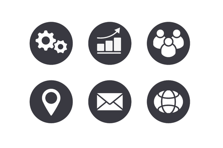 Cogs, bar chart with arrow, group of people silhouette, navigator mark, letter and internet globe. のイラスト素材