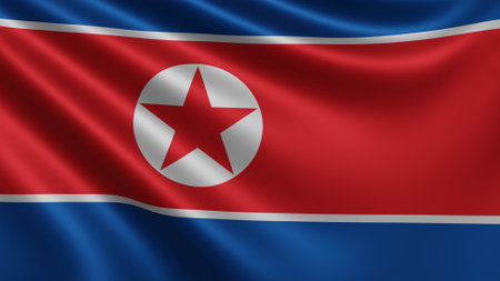 Render of the North Korea flag flutters in the wind close-up, the national flag of North Korea flutters in 4k resolution, close-up, colors: RGB. High quality 3d illustrationの写真素材
