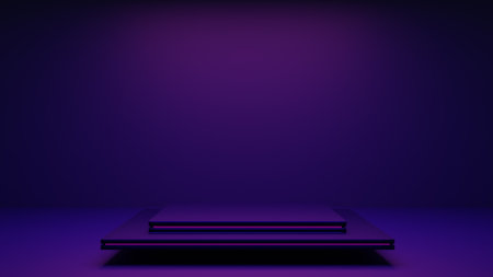 Empty podium with square on square and neon line gradient on podium and purple light on background. 3D rendering. High quality 3d illustrationの写真素材