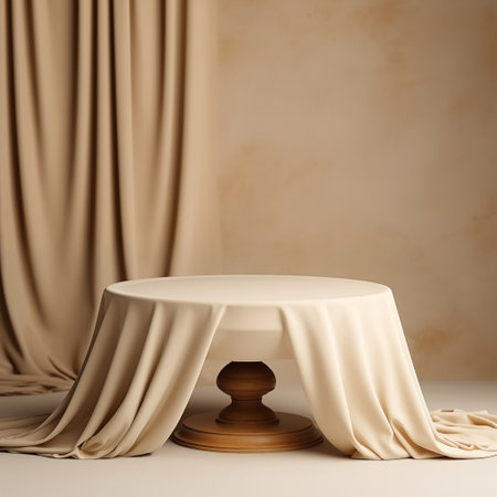 Empty round podium with background covered with beige cloth. Stand against the background of beige silk fabric curtains. Extension 7000x3500. High quality 3d illustrationの素材