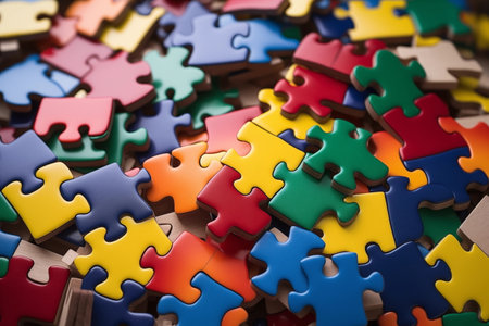 The symbol of autism is a multicolored puzzle in the form of a heart in the hands of caring parents. High quality photoの素材