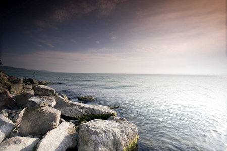 Sunrise in Balaton and stone pier