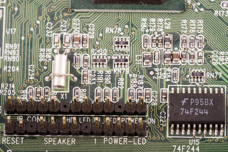 Closeup of computer motherboard with details