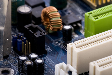Closeup of computer motherboard with detailsの写真素材