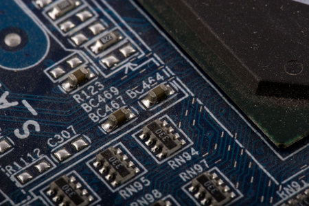 Closeup of computer motherboard with details