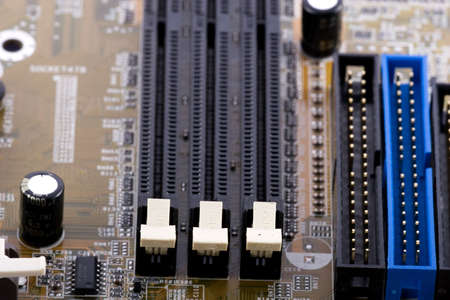 Closeup of computer motherboard with detailsの写真素材