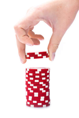 Stacks of poker chips  on a white background の写真素材