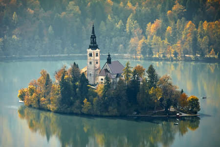 Bled lake with the church on island, Slovenia, Europeの写真素材