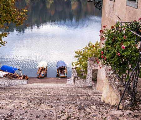 Bled with lake, island, castle and mountains in background, Slovenia, Europeのeditorial素材