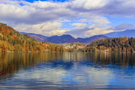 Bled with lake, island, castle and mountains in background, Slovenia, Europeの写真素材