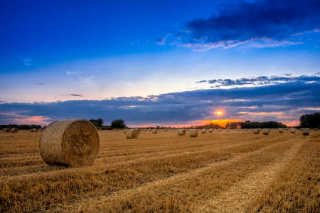 End of day over field with hay bale in Hungary- This photo make HDRの写真素材
