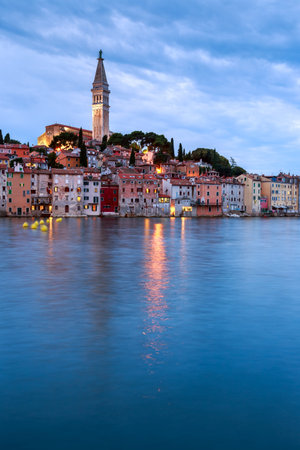 Rovinj old town at night in Adriatic  sea coast of Croatia, Europeの写真素材