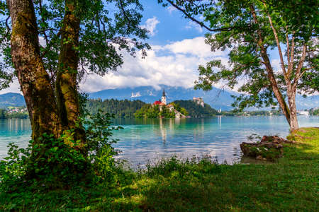 Bled with lake, island  and mountains in background, Slovenia, Europeのeditorial素材