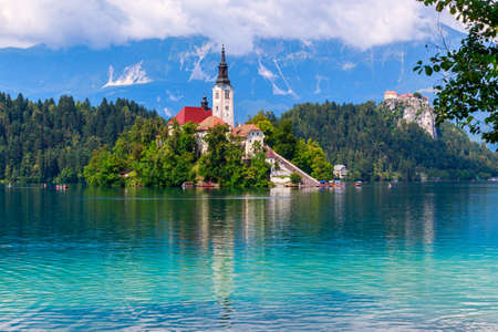Bled with lake, island  and mountains in background, Slovenia, Europeのeditorial素材