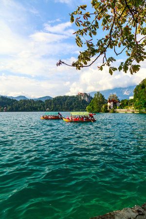 Traditional Pletna boats and tourists in the Lake Bled located in Slovenia -Bled, Slovenia 