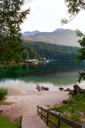 Lake Bohinj in Triglav national park, located in the Bohinj Valley of the Julian Alps.