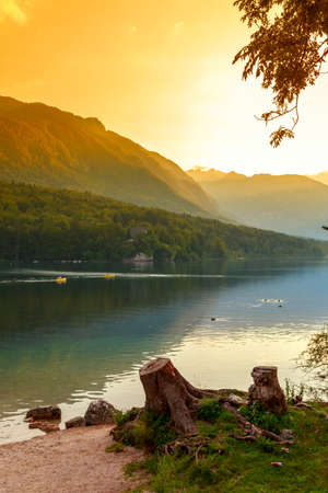 Sunset on the lake Bohinj in Triglav national park, located in the Bohinj Valley of the Julian Alps.の写真素材