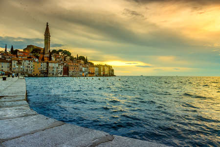Rainy sunset  in Rovinj old town in Adriatic  sea coast of Croatia, Europeの写真素材