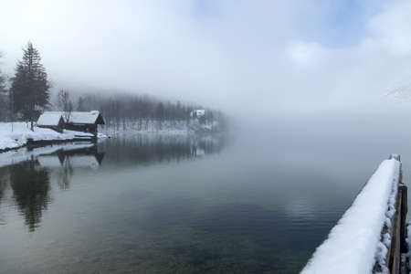 Winter on the lake Bohinj in Triglav national park, located in the Bohinj Valley of the Julian Alpsの写真素材