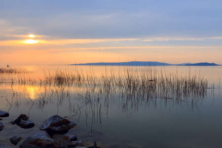 Beautiful sunset in lake Balaton-Hungaryの写真素材