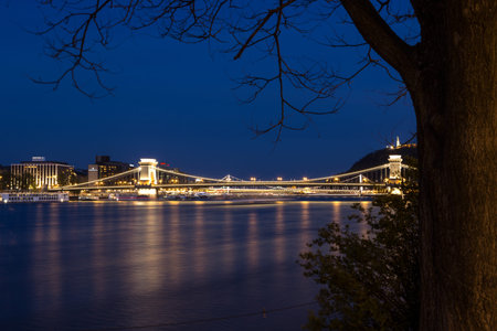 The Chain Bridge in Budapest in the evening in Hungary.の写真素材