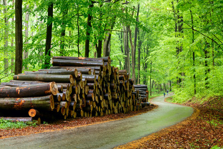 Green forest with pathway in sprintime in Hungaryの写真素材