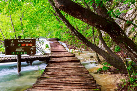 Wooden path in National Park of Plitvice in Croatiaの写真素材